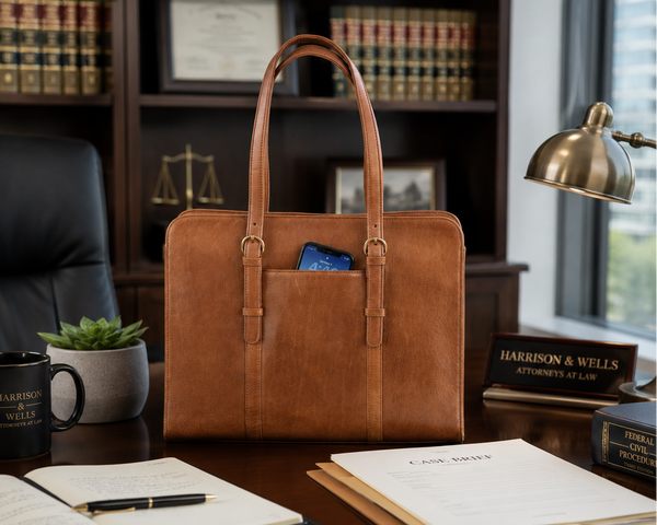 Brown leather laptop briefcase on a desk with legal office decor