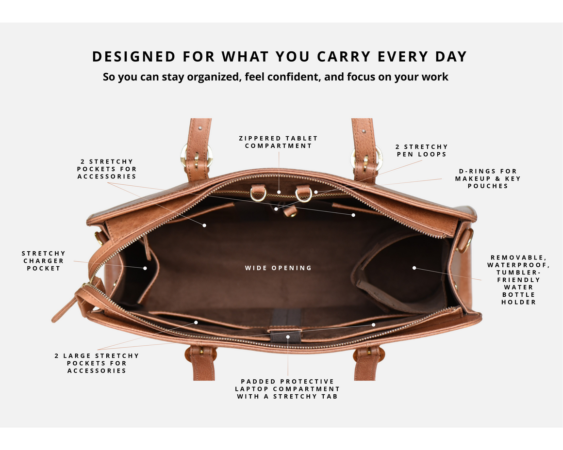 Brown leather laptop briefcase on a desk with legal office decor