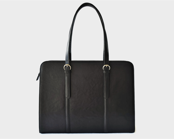 Black leather laptop bag with two handles and a detachable shoulder strap, featuring a structured design and silver-tone hardware.