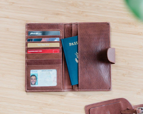 Leather travel wallet that holds an American passport, credit cards, and an ID